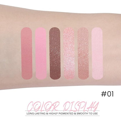 6-Color Pink Champange Brown Matte & Shimmer Eyeshadow Palette with Mirror – Highly Pigmented, Long-Lasting Eye Makeup for Artists & Creative Looks (01#