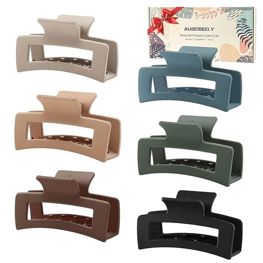 6 Pack Square Claw for Women Girls, 3.5" Medium Non-slip Rectangular Matte Clips Strong Hold Jumbo Hair Styling Accessories, Cool