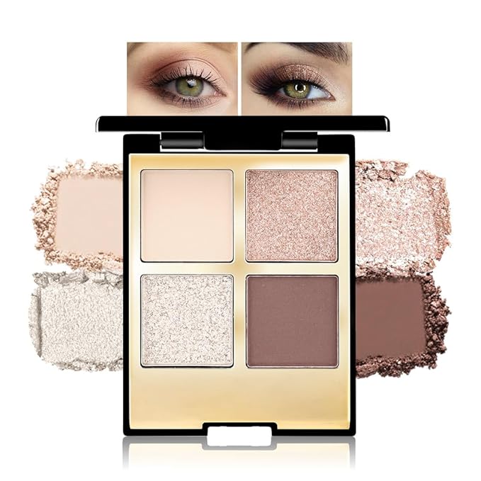 Eyeshadow Quad Makeup Palette – 4 Shades of Nude, Silver, Brown, Champagne Gold Tones, Blendable Matte & Shimmer, Long-Lasting Waterproof, Perfect for Mature & Young Women, with Built-In Mirror 04#