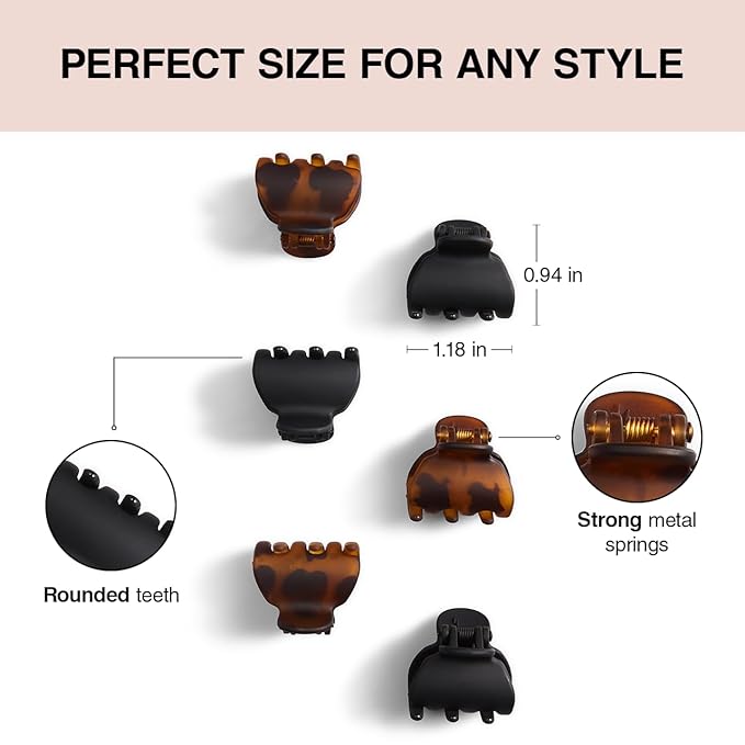 Kitsch Recycled Plastic Mini Hair Clips for Women - Tortoise & Black Claw Clips for Thin Hair, 6 pcs