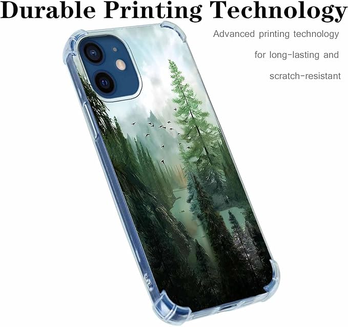 Case for iPhone 12/12 Pro with Forest Design,Mountain and Birds Beautiful Scenery Nature Pattern,Soft TPU Bumper Phone Cover(12,Wood)