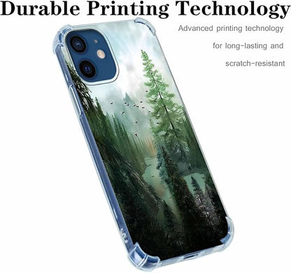Case for iPhone 12/12 Pro with Forest Design,Mountain and Birds Beautiful Scenery Nature Pattern,Soft TPU Bumper Phone Cover(12,Wood)