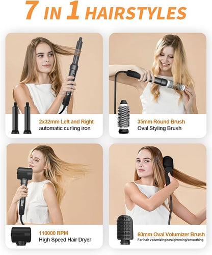 Diffuser Hair Dryer Brush, 7 in 1 Air Wrap Hair Styler, 1400 Watts Blow Dryer for Women, Hair Care Styling Tools, Auto Curling Iron, Multi Hair Styler for Fast Drying Curling Straightening Volumizing
