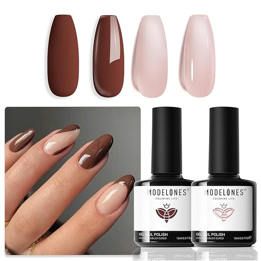 modelones Gel Nail Polish Set 2 Pcs 15 ML Nude Brown Gel Polish Kit Neutral Skin Tone Translucent Nude Soak Off Gel Nail Kit Manicure DIY At Home Nail Art Salon Gift For Women Girl