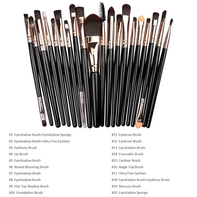 20Pcs Makeup Brushes Set Eyeshadow Eyeliner Eyelash Foundation Powder Lip Eye Make Up Brush Cosmetic Beauty Tool Kit (Black)