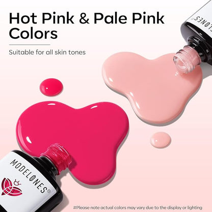 modelones Gel Nail Polish Set 2 PCS 15 ML Pink Gel Polish Hot Pink Tones Light Pink Shades Gel Nail Polish Soak Off UV Spring Nail Art DIY Manicure At Home For Women Girls