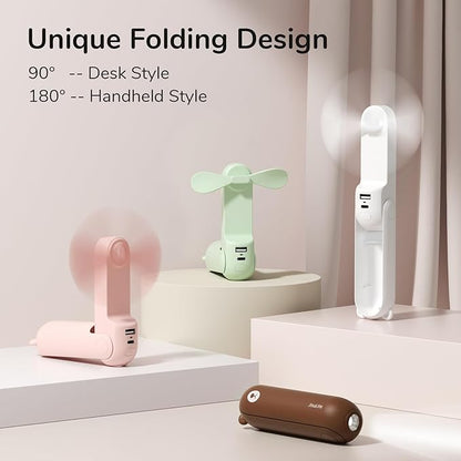 JISULIFE Handheld Mini Fan, 3 IN 1 USB Rechargeable Portable Fan [12-19 Working Hours] with Power Bank, Flashlight, Pocket Design for Travel/Summer/Concerts/Lash, Gifts for Women (White)