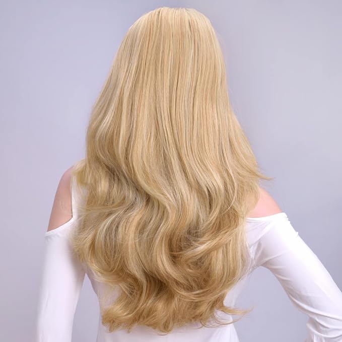 24 Inch Blond Wavy 3/4 Half Wig Long lightest Synthetic Hair Extensions Capless Wigs Hair Clips Extension For Women 210g（24“ #3）