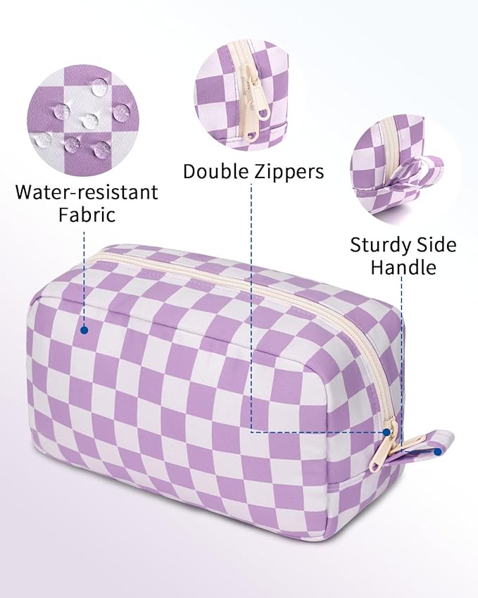 Narwey Checkered Makeup Bag Travel Cosmetic Bag Organizer Small Toiletry Bag Make Up Bags with Organized Pockets for Women (Purple Checkerboard, Large)