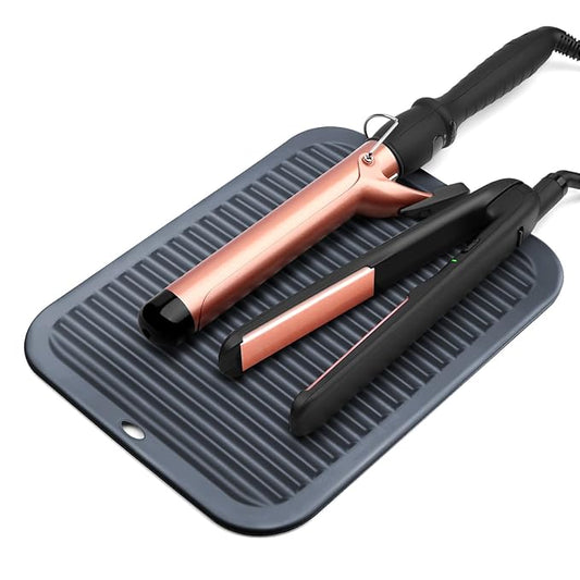 Larger Silicone Heat Resistant Styling Station Mat - Curling Iron Holder - Straightener Pad - Flat Iron Holder - Hot Tool Mat - Salon Tools - Hot Iron Holster - Vanity Accessories (Dark Grey)