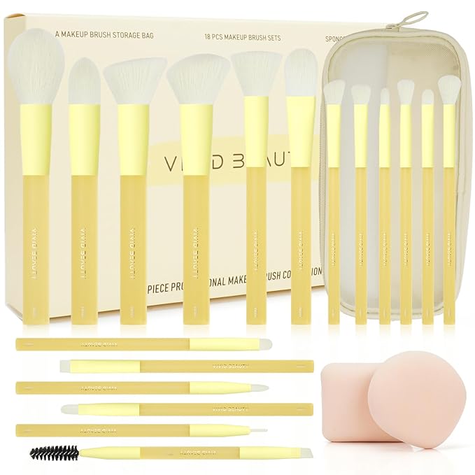 18pcs Colorful Makeup Brush Set with Make up Bag and Sponge Applicators for Liquid Foundation - Professional Cosmetics Tools Blush Blending Blender Brushes Gift Pack (Yellow)