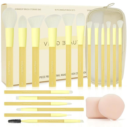 18pcs Colorful Makeup Brush Set with Make up Bag and Sponge Applicators for Liquid Foundation - Professional Cosmetics Tools Blush Blending Blender Brushes Gift Pack (Yellow)
