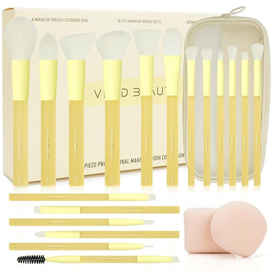 18pcs Colorful Makeup Brush Set with Make up Bag and Sponge Applicators for Liquid Foundation - Professional Cosmetics Tools Blush Blending Blender Brushes Gift Pack (Yellow)