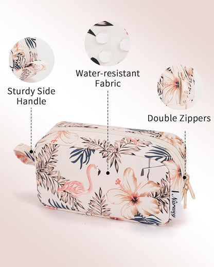 Narwey Small Makeup Bag for Purse Travel Makeup Pouch Mini Cosmetic Bag Zipper Pouch for Women (Beige Flamingo, Small)