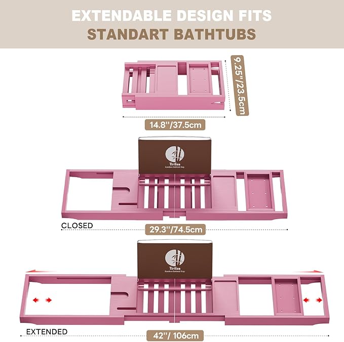 Yirilan Foldable Bathtub Caddy, Expandable Bath Caddy Tray, Unique House Warming Gifts, New Home, Anniversary and Wedding Gifts for Couple, Pink