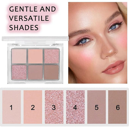 6 Colors Glitter Matte Eyeshadow Palette,Natural Nude Brown Rose Gold Coffee Sparkly Eye Shadow Makeup,Warm Pastel Eyeshadows Palette Long Lasting Waterproof Naturing-Looking Women Girls Eye Shadow 01