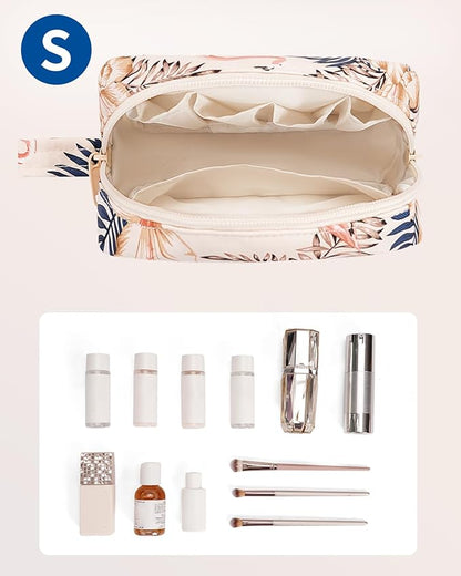 Narwey Small Makeup Bag for Purse Travel Makeup Pouch Mini Cosmetic Bag Zipper Pouch for Women (Beige Flamingo, Small)