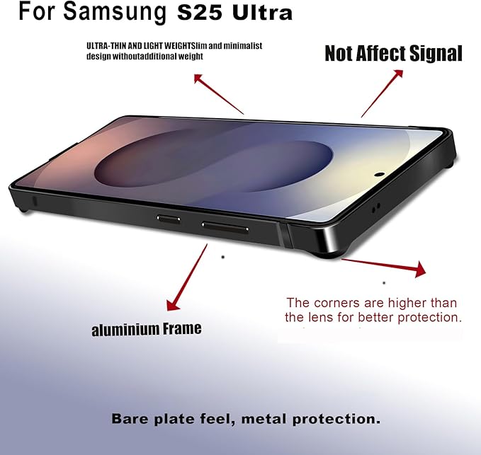 New Aluminum Frame Metal Bumper Frame Slim Hard Cover Suitable for Samsung s25ultra case, Metal Frame with Soft Inner Bumper, Raised Edge Protection (Titanium Gray, Galaxy S25 Ultra)