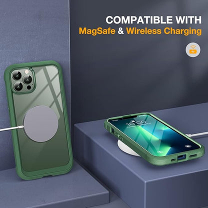 Miracase Glass Case for iPhone 13 Pro Max 6.7 inch, Upgrade Full-Body Clear Bumper Case with Built-in 9H Tempered Glass Screen Protector (Acacia Green)