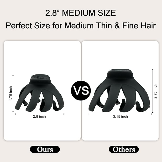 2.8 Inch Medium Octopus Hair Clips for Women, Black Matte Hair Claw Clips for Thin Fine Hair, Strong Hold Non-slip Spider Hairclips Jaw Clip