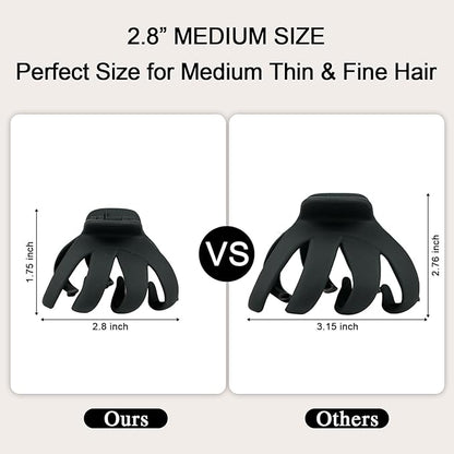 2.8 Inch Medium Octopus Hair Clips for Women, Black Matte Hair Claw Clips for Thin Fine Hair, Strong Hold Non-slip Spider Hairclips Jaw Clip
