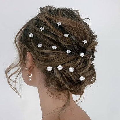60 PCS 4 Shapes Gems Rhinestone Twister Hair Studs Set Diamond Spiral Pearl Flower Jewels Hair Pins Sticks for Wedding, Bridal, Prom, Party and Special Occasion, Butterfly