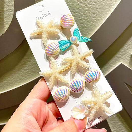 5 Pcs Starfish Seashell Hair Clips Mermaid Costume Pearl Beach Ocean Hair Accessories Women and Girls （Off-white）