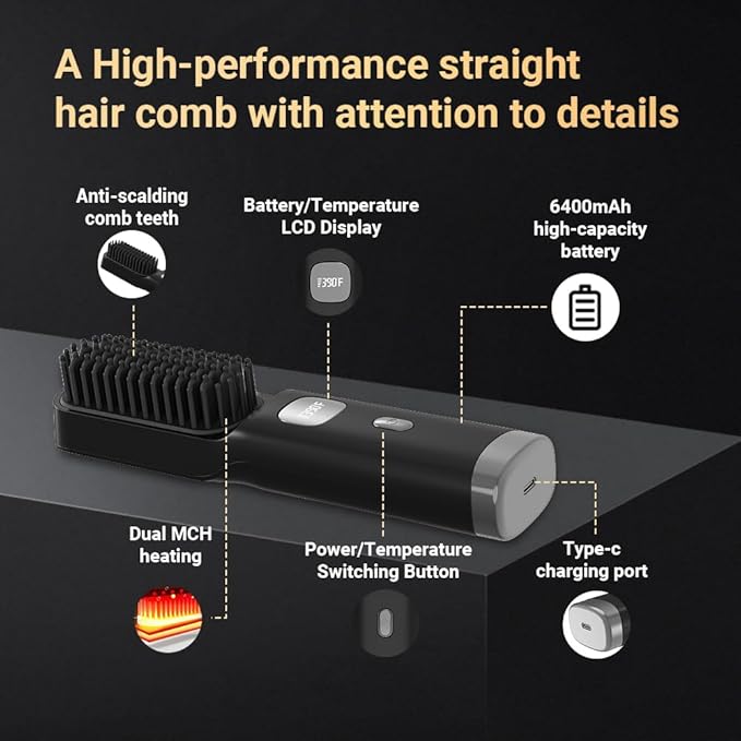 Cordless Hair Straightener Brush Portable on The go Comb for Travel 30s Fast Heating USB Rechargeable Dual Power Supply LCD Display with Pouch (Black)