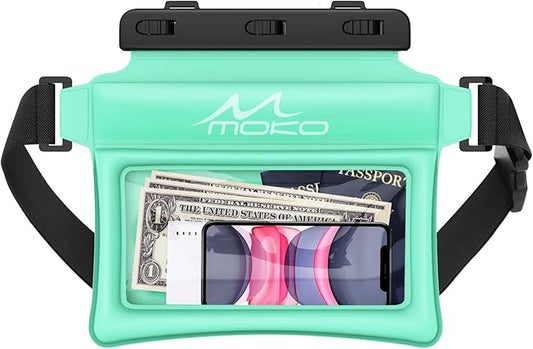MoKo Waterproof Phone Pouch Fanny Pack, Floating Dry Bag for Swimming Kayaking Snorkeling, Compatible with iPhone 14 13 12 11 Pro Max X/Xr/Xs Max, Galaxy S21 Ultra/S9/Note 10 Plus, Mint Green