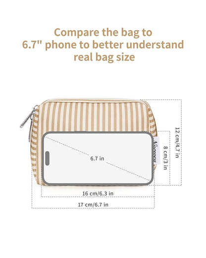 Narwey Small Striped Makeup Bag for Purse Mini Cosmetic Bag Travel Makeup Pouch Zipper Pouch Cute Make up Bags with Compartments for Women Girls (Brown Stripe, Small)
