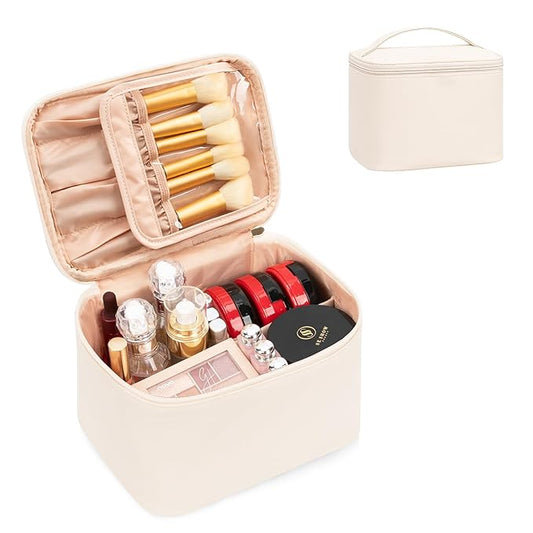 OCHEAL Makeup Bag, Large Capacity Make Up Bag for Cosmetics Vertical Storage,Toiletry Bag for Skincare Makeup Organizer Bag for Travel,With Makeup Brushes Compartments & Dividers -Beige