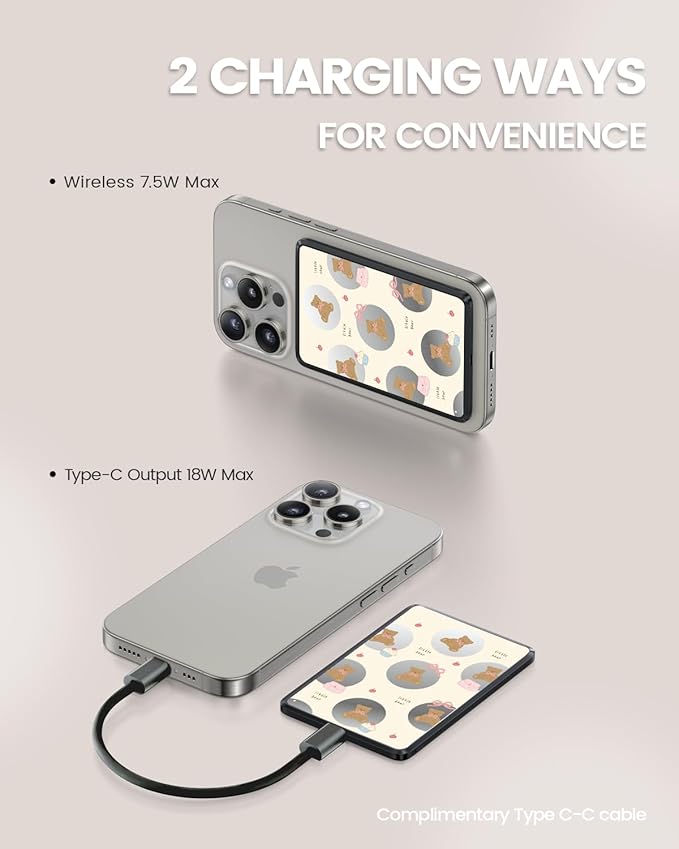 Magnetic Battery Pack Compatible with Magsafe,5000 mAh Portable Power Bank, Wireless Charging with Type C Input Output Ultra Slim for iPhone 16/15/14/13/12/ All Series, Little Bear