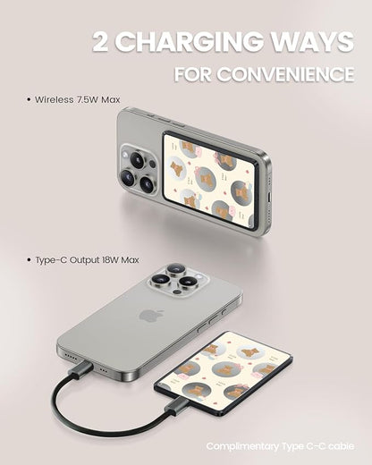 Magnetic Battery Pack Compatible with Magsafe,5000 mAh Portable Power Bank, Wireless Charging with Type C Input Output Ultra Slim for iPhone 16/15/14/13/12/ All Series, Little Bear