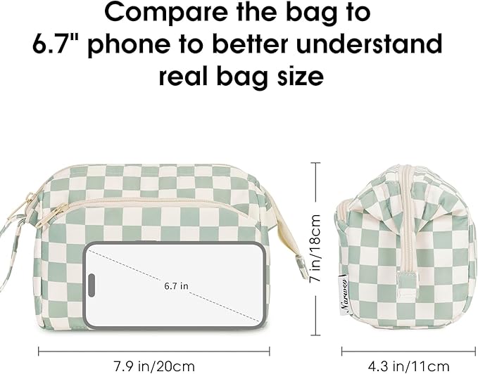 Narwey Checkered Makeup Bag Women Wide-open Make up Bag Travel Cosmetic Bag Organizer Toiletry Bag for Cosmetics Toiletries Accessories (Mint Green Checkerboard)