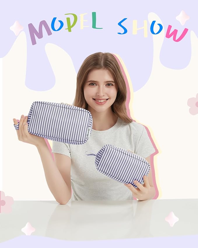 Narwey Small Makeup Bag for Purse Travel Makeup Pouch Mini Cosmetic Bag Zipper Pouch for Women (Greyish Blue Stripe, Small)