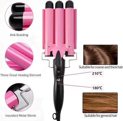 3 Barrel Curling Iron Wand 26mm Hair Waver Temperature Adjustable Ceramic Hair Curling Iron (Pink)