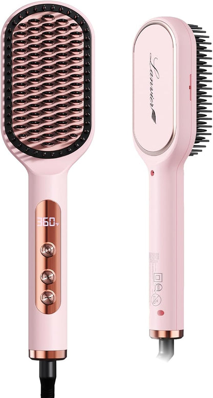 LANVIER Hair Straightener Brush, Ionic Straightening Brush with Infrared, Heated Straightening Comb with Negative Ions, Dense Bristles, 32 Temps, Dual Voltage, Flat Iron Comb for All Hair Type