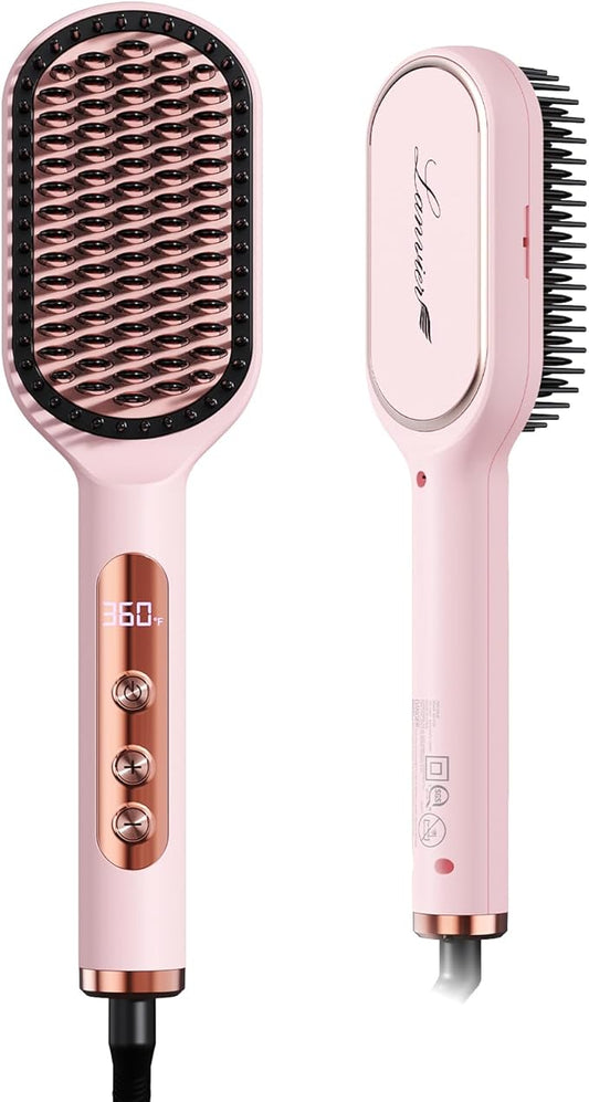 LANVIER Hair Straightener Brush, Ionic Straightening Brush with Infrared, Heated Straightening Comb with Negative Ions, Dense Bristles, 32 Temps, Dual Voltage, Flat Iron Comb for All Hair Type