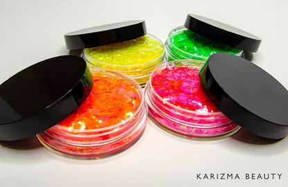 KARIZMA Neon Nights! 4x 10g Chunky Face, Hair, Eye & Body Glitter Set - Neon Yellow, Pink, Orange, Green - Festival, Rave & Event Glitter
