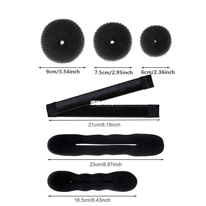 Hair Accessories Set: 3 Donut Bun Makers, 2 Foam Sponge Shapers, 1 French Twist Clip, 2 Snap Buns, 10 Elastics, 20 Pins (Black)