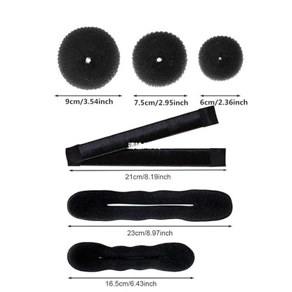 Hair Accessories Set: 3 Donut Bun Makers, 2 Foam Sponge Shapers, 1 French Twist Clip, 2 Snap Buns, 10 Elastics, 20 Pins (Black)