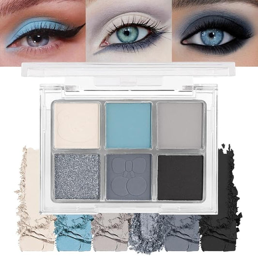 6 Colors Glitter Matte Eyeshadow Palette, Light White Sky Blue Gray Silver Black Sparkly Eyeshadow Palette Makeup, Warm Eye Shadows Palette Long Lasting Naturing-Looking Women Girls Eye Shadow 03