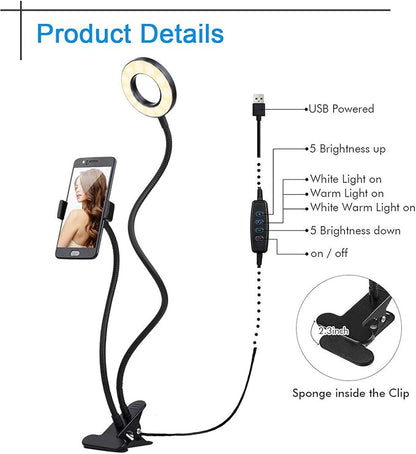 Clip on Light Reading Lights with Cell Phone Holder,Eye Protection Kids Desk Lamp, 360 ° Flexible Gooseneck Selfie Ring Light， LED Makeup Mirror Lights… (Selfie Ring Light with Cell Phone Holder)