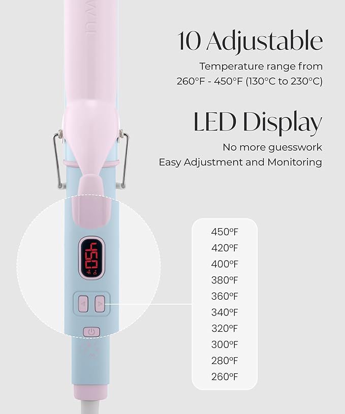 1 1/2 inch Extra Long Curling Iron - 10 Temperature Modes Fast and Easy Styling - 7.3" Ceramic Barrel Hair Wand for All Hair Types Blowout, Beach Waves, Bouncy Curls - Cotton Candy