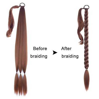 34inch Long Braided Ponytail Extension with Hair Tie Brown Straight Wrap Around Hair Braid Extensions for Women Synthetic High Temperature Fluffy Natural Soft Hair Piece for Women (6#)