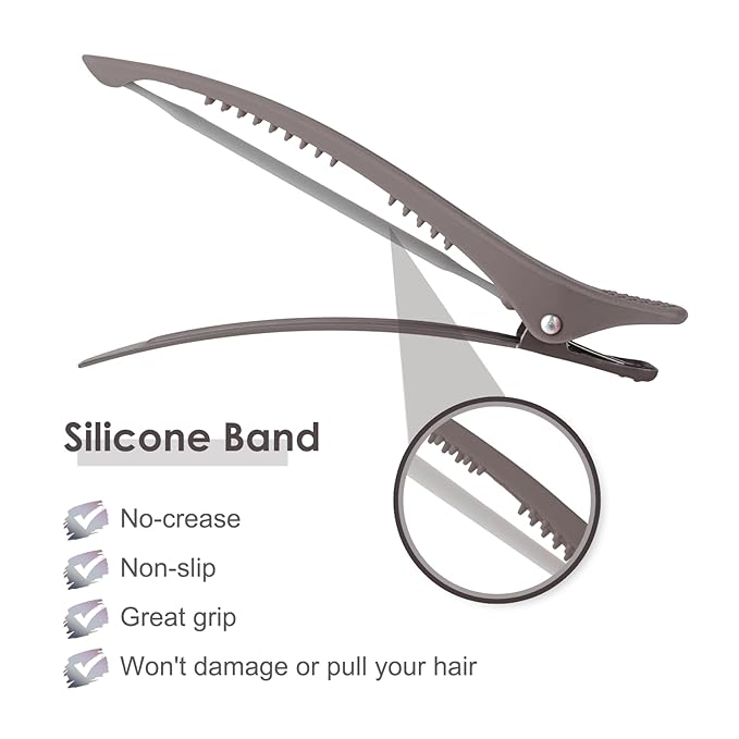 AIMIKE Hair Sectioning Clips with Silicone Band - No Crease Duck Billed Styling Clips for Salon, Cutting, and Rollers (6pcs)