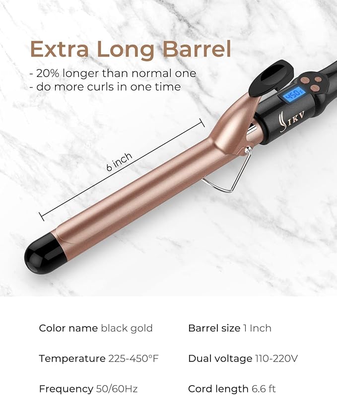 1 Inch Extra Long Barrel Curling Iron, Ceramic Tourmaline Curling Wand Professional Dual Voltage