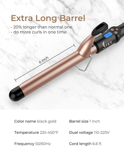 1 Inch Extra Long Barrel Curling Iron, Ceramic Tourmaline Curling Wand Professional Dual Voltage