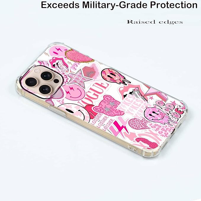 Case for iPhone 16 Pro Max with Pink Design,Aesthetic Hippie Indie Popular Elements Pattern,Shockproof Soft TPU Bumper Phone Cover(16pm,Pink)