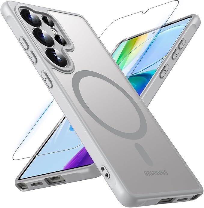 OWKEY Samsung Galaxy S25 Ultra Case 6.86'', Magnetic S25 Ultra Case for Magsafe with Tempered Glass Screen, [Shockproof Military] Translucent Back Slim Bumper Cover Phone Case Galaxy S25 Ultra, Gray